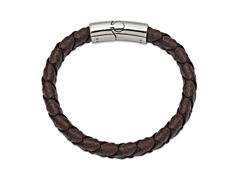 Black and Brown Leather and Stainless Steel Polished 8-in Bracelet