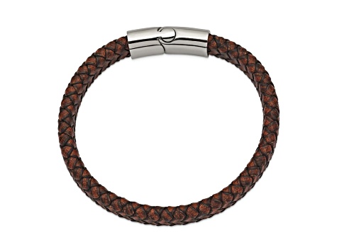 Brown Leather and Stainless Steel Polished 11.50mm 8.5-inch Bracelet