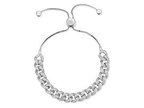 Rachel Zoe Rhodium Over Sterling Silver Cubic Zirconia Curb Link Adjustable Bracelet