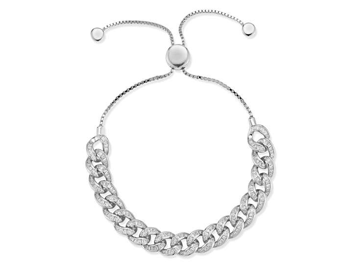 Rachel Zoe Rhodium Over Sterling Silver Cubic Zirconia Curb Link Adjustable Bracelet