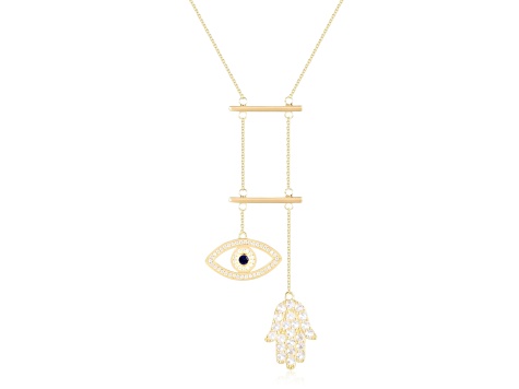 Hamsa and Evil Eye Sapphire 14K Yellow Gold Over Sterling Silver Bar Necklace, 18 Inches