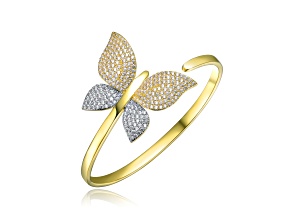 Clear CZ, Two-Tone Rhodium & 14K Gold Plated over Brass Garden Butterfly Bendable Bracelet