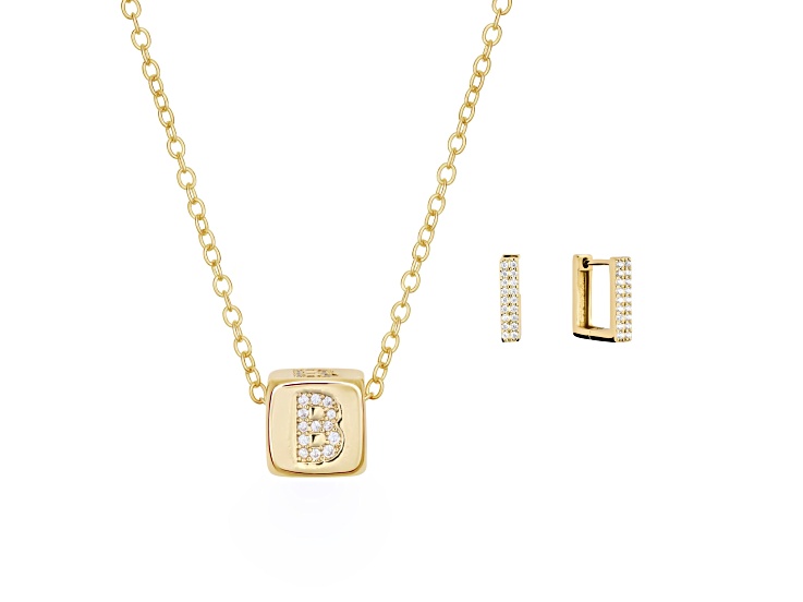 White Cubic Zirconia 14K Yellow Gold Over Brass "B" Initial Jewelry Set 0.44ctw