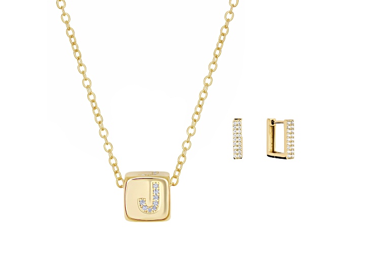 White Cubic Zirconia 14K Yellow Gold Over Brass "J" Initial Jewelry Set 0.34ctw