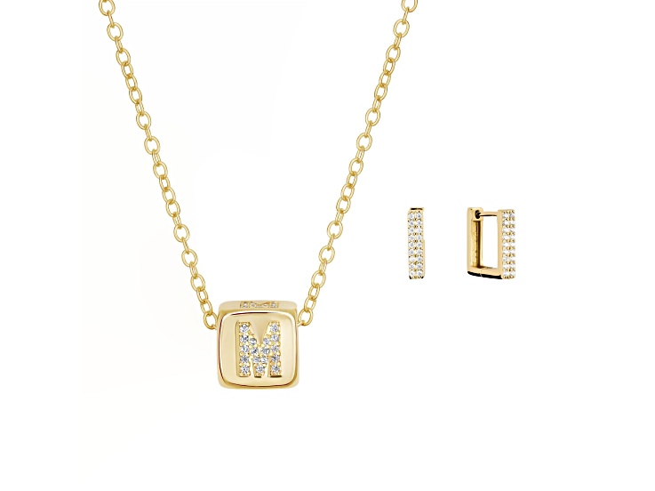 White Cubic Zirconia 14K Yellow Gold Over Brass "M" Initial Jewelry Set 0.52ctw