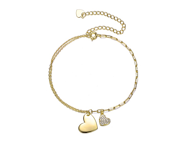 Teens 14k Gold Plated over Brass.15 CTW Clear Cubic Zirconia Heart Charm Bracelet