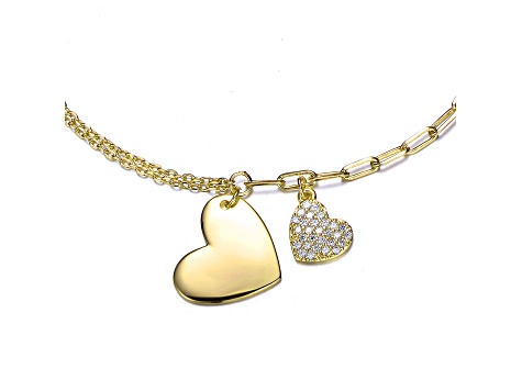 Clear Cubic Zirconia, Teens 14k Gold Plated over Brass Heart Charm Bracelet