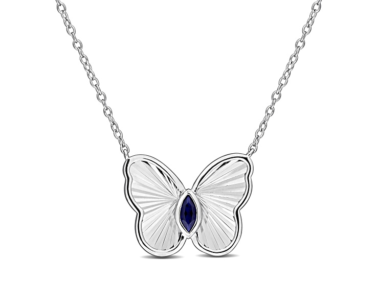 1/6 CT Created Blue Sapphire Butterfly Necklace with Chain in Sterling Silver, 17"