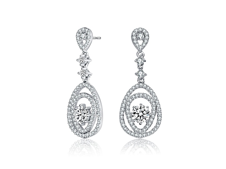 Clear Round Cubic Zirconia, Rhodium Plated over Sterling Silver Double Pear Drop Earrings