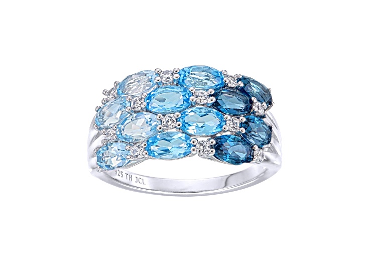Oval Sky, Swiss, London Blue Topaz Rhodium Over Sterling Ombre Multi-Row Band Ring 3.58 Cttw