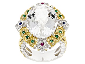 White Quartz and Multi Gemstone Rhodium & 24K Gold Over Palladium Sterling Silver Ring 17.65ctw