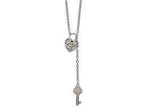 Rhodium Over Sterling Silver with 14K Accent Diamond Heart Lock/Key Necklace