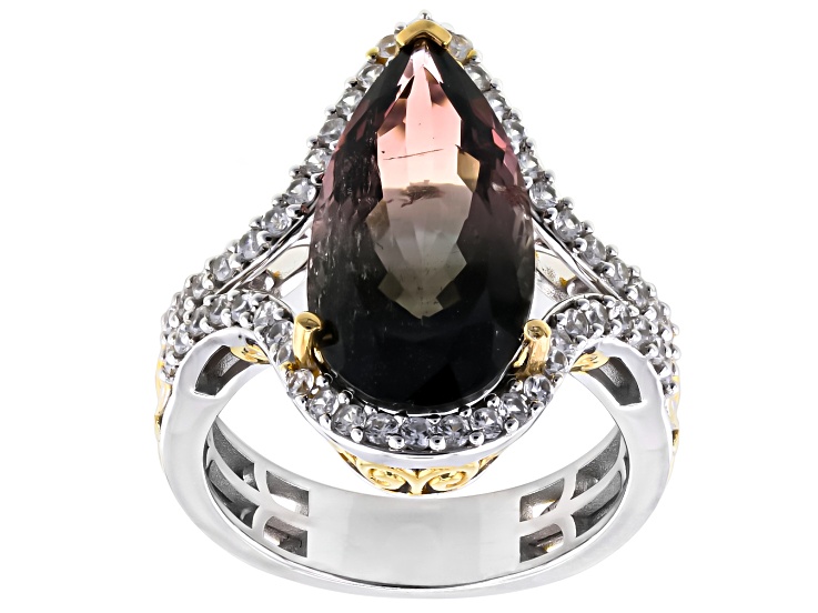 Bi-color Tourmaline & White Zircon 24K Gold Over Palladium Sterling Silver Ring 9.74ctw