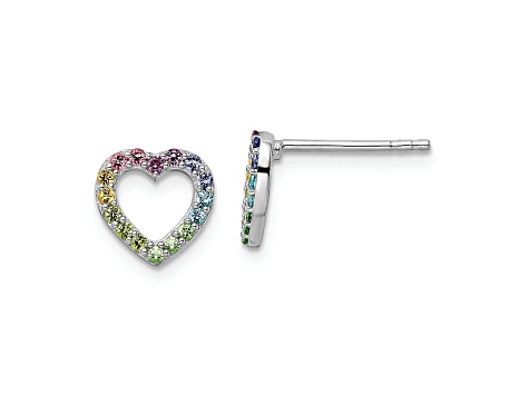 Rhodium Over Sterling Silver Rainbow Crystal Open Heart Post Earrings