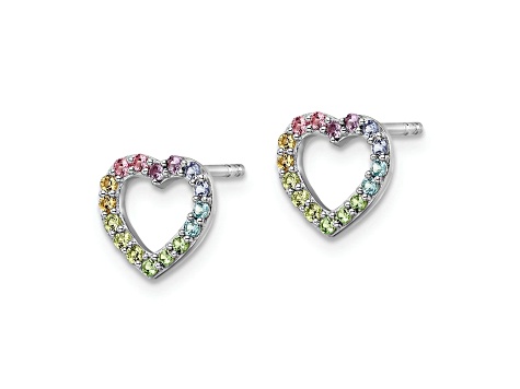 Rhodium Over Sterling Silver Rainbow Crystal Open Heart Post Earrings