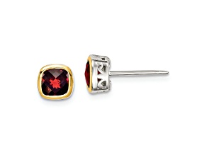 Rhodium Over Sterling Silver with 14k Accent Garnet Square Stud Earrings