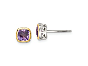 Rhodium Over Sterling Silver with 14k Accent Amethyst Square Stud Earrings