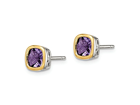 Rhodium Over Sterling Silver with 14k Accent Amethyst Square Stud Earrings