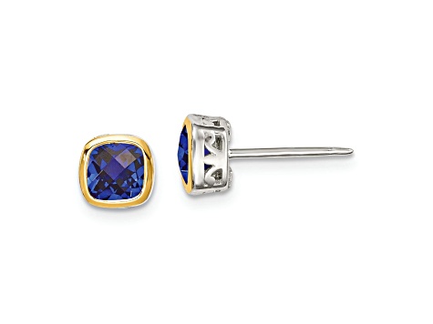 Rhodium Over Sterling Silver with 14k Accent Created Sapphire Square Stud Earrings