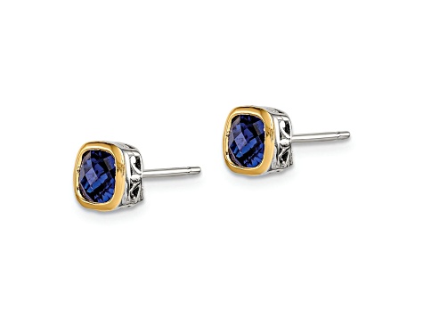 Rhodium Over Sterling Silver with 14k Accent Created Sapphire Square Stud Earrings