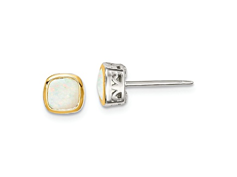 Rhodium Over Sterling Silver with 14k Accent Milky Opal Square Stud Earrings