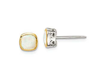 Picture of Rhodium Over Sterling Silver with 14k Accent Milky Opal Square Stud Earrings
