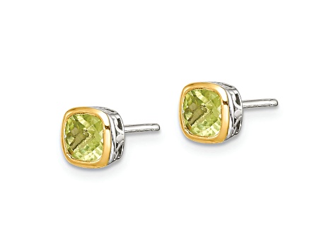 Rhodium Over Sterling Silver with 14k Accent Peridot Square Stud Earrings
