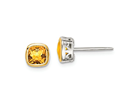 Rhodium Over Sterling Silver with 14k Accent Citrine Square Stud Earrings
