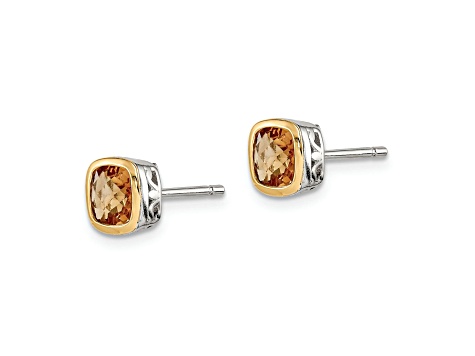 Rhodium Over Sterling Silver with 14k Accent Citrine Square Stud Earrings