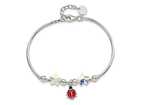 Sterling Silver Enameled Ladybug and Crystal Stars with 0.75-inch Extension Bracelet