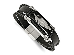 Black Leather and Stainless Steel Polished Feather Multi-Strand 8.25-inch Bracelet