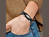 Black Leather and Stainless Steel Polished Feather Multi-Strand 8.25-inch Bracelet