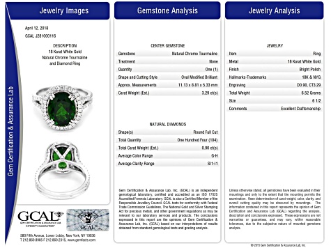 Oval Green Chrome Tourmaline and White Diamond 18K White Gold Ring. 4.10 CTW