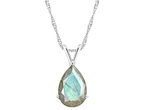 12x8mm Pear Shape Labradorite Rhodium Over Sterling Silver Pendant With Chain