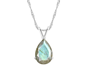 12x8mm Pear Shape Labradorite Rhodium Over Sterling Silver Pendant With Chain