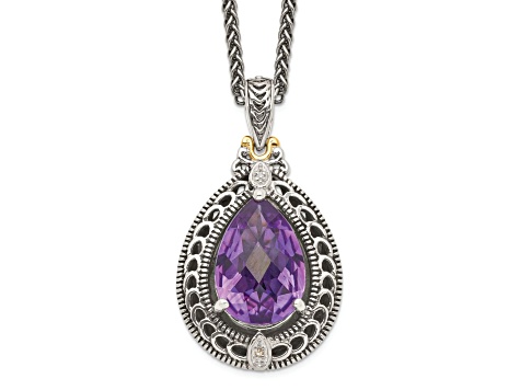 Sterling Silver Antiqued with 14K Accent Diamond and Amethyst Necklace