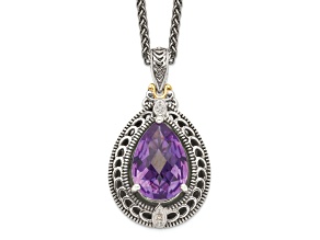Sterling Silver Antiqued with 14K Accent Diamond and Amethyst Necklace