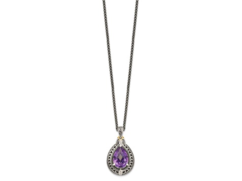 Sterling Silver Antiqued with 14K Accent Diamond and Amethyst Necklace