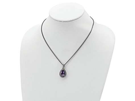 Sterling Silver Antiqued with 14K Accent Diamond and Amethyst Necklace