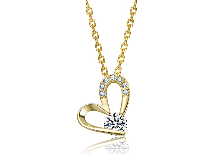 14K Gold Plated over Brass with Clear Cubic Zirconia Heart Design Pendant Necklace for Teens