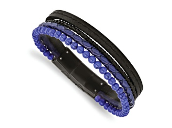 Picture of Leather and Stainless Steel Polished Black IP Plated with Lapis with 0.5-inch Extension Bracelet