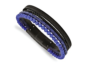 Leather and Stainless Steel Polished Black IP Plated with Lapis with 0.5-inch Extension Bracelet