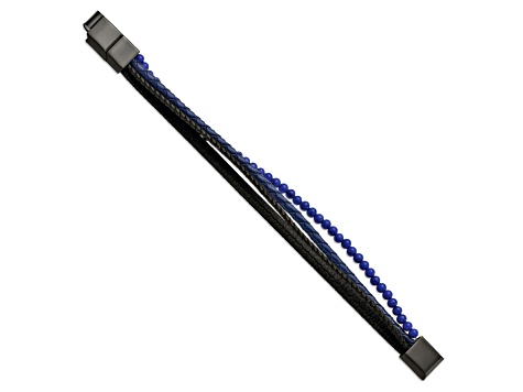 Leather and Stainless Steel Polished Black IP Plated with Lapis with 0.5-inch Extension Bracelet