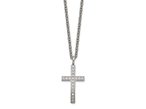 White Cubic Zirconia Stainless Steel Men's Cross Pendant With Chain