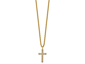 White Cubic Zirconia Stainless Steel Polished Yellow IP-plated Men's Cross Pendant With Chain