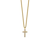 White Cubic Zirconia Stainless Steel Polished Yellow IP-plated Men's Cross Pendant With Chain