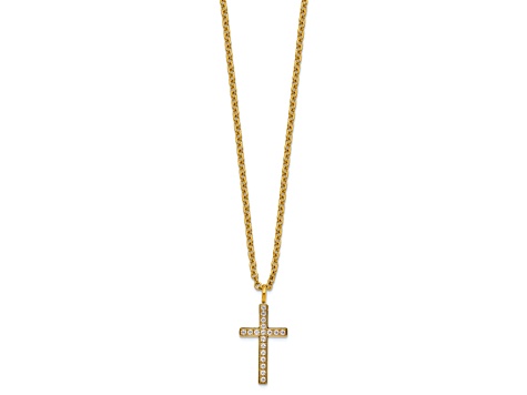 White Cubic Zirconia Stainless Steel Polished Yellow IP-plated Men's Cross Pendant With Chain