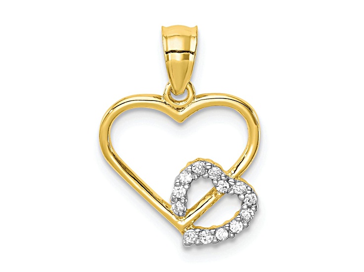 10k Yellow Gold and Rhodium Over 10k Yellow Gold Cubic Zirconia Heart in Heart Pendant