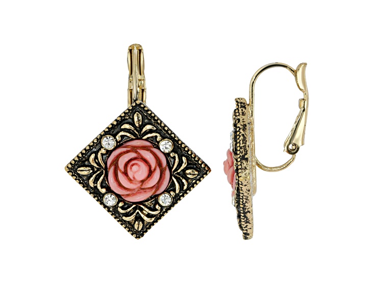 1928 Jewelry Gold Tone Pink Carved Rose with Crystal Accents Diamond-Shape Drop Earrings