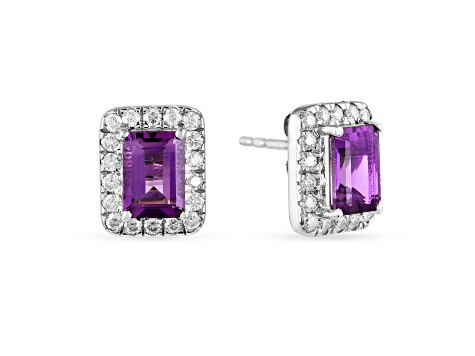 Amethyst with Moissanite Accents Rhodium Over Sterling Silver Halo Stud Earrings